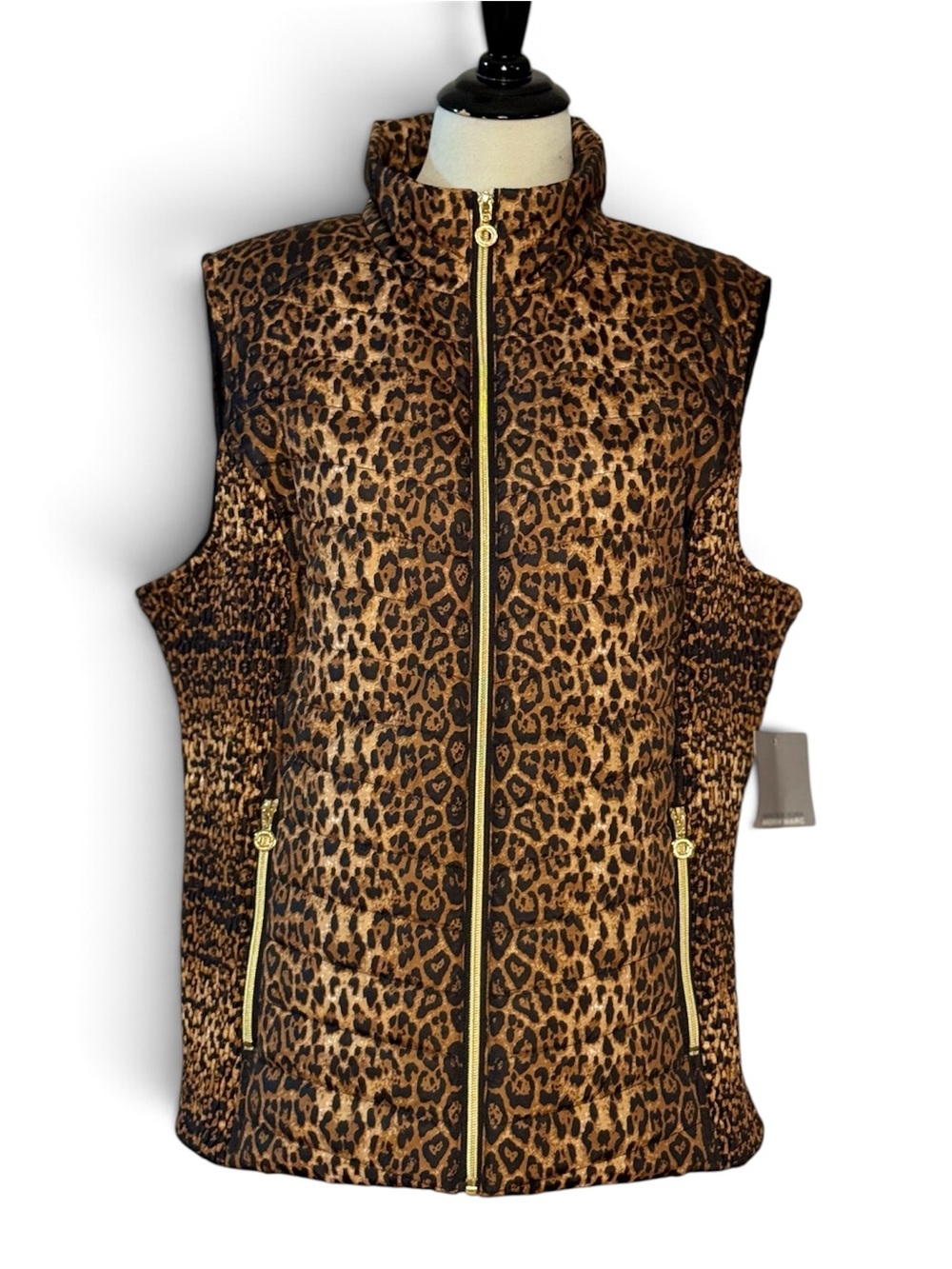 Marc New York Andrew Marc 1X Leopard Animal Print Quilted Puffer Vest Gold